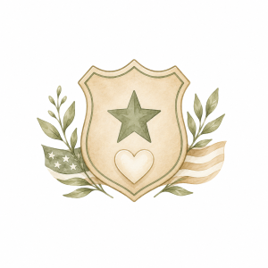 Watercolor shield, star, flag, and lavender icon.