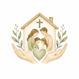 Watercolor family and church icon for Little Creek Tallow.