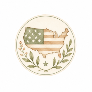 Watercolor cow, barn, and American ribbon icon.