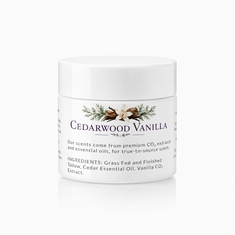 Cedarwood Vanilla tallow cream jar label and ingredients.