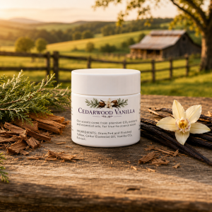 Cedarwood Vanilla tallow cream jar on a rustic table with cedar and vanilla.
