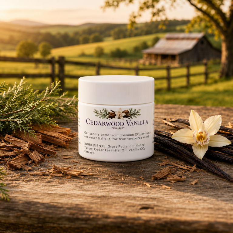 Cedarwood Vanilla tallow cream jar on a rustic table with cedar and vanilla.