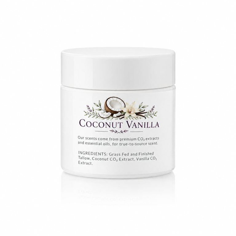 Coconut Vanilla tallow cream jar label and ingredients.