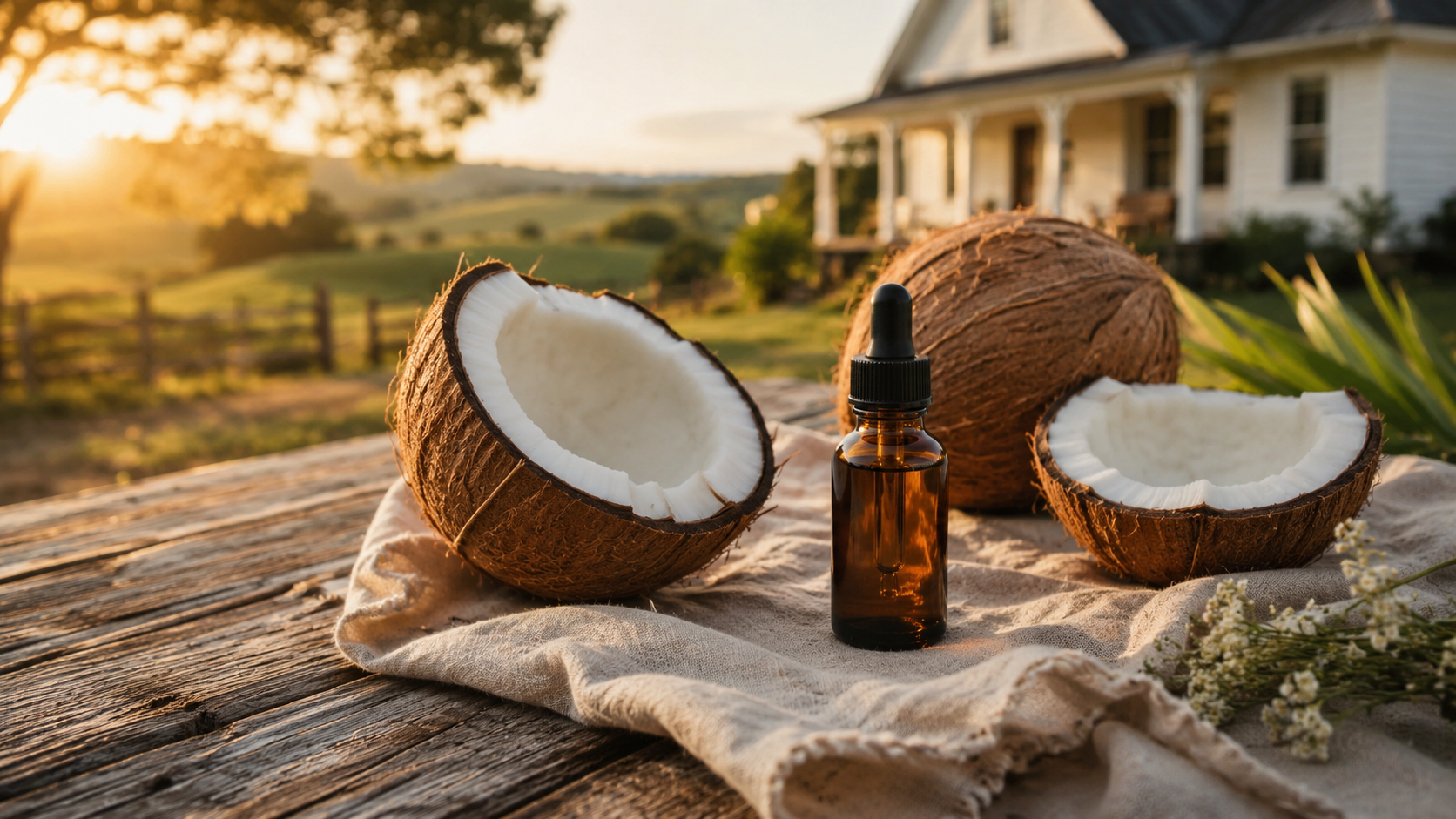 Coconut pulp CO2 extract with fresh coconut on a rustic table.
