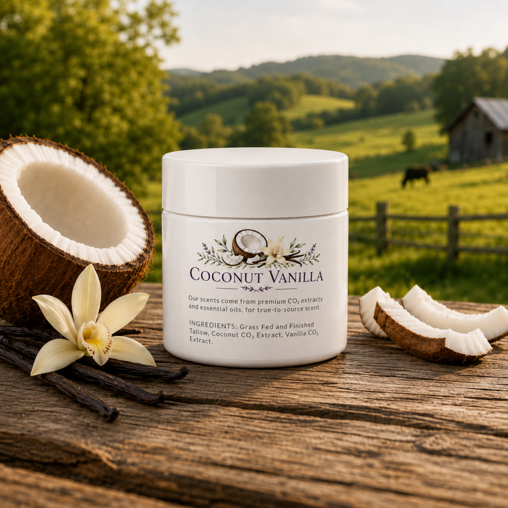 Coconut Vanilla tallow cream jar on a rustic table with coconut and vanilla.