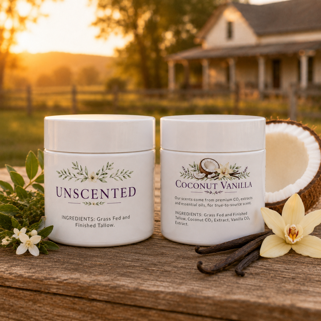 Face and Body tallow gift set with Unscented and Coconut Vanilla jars.