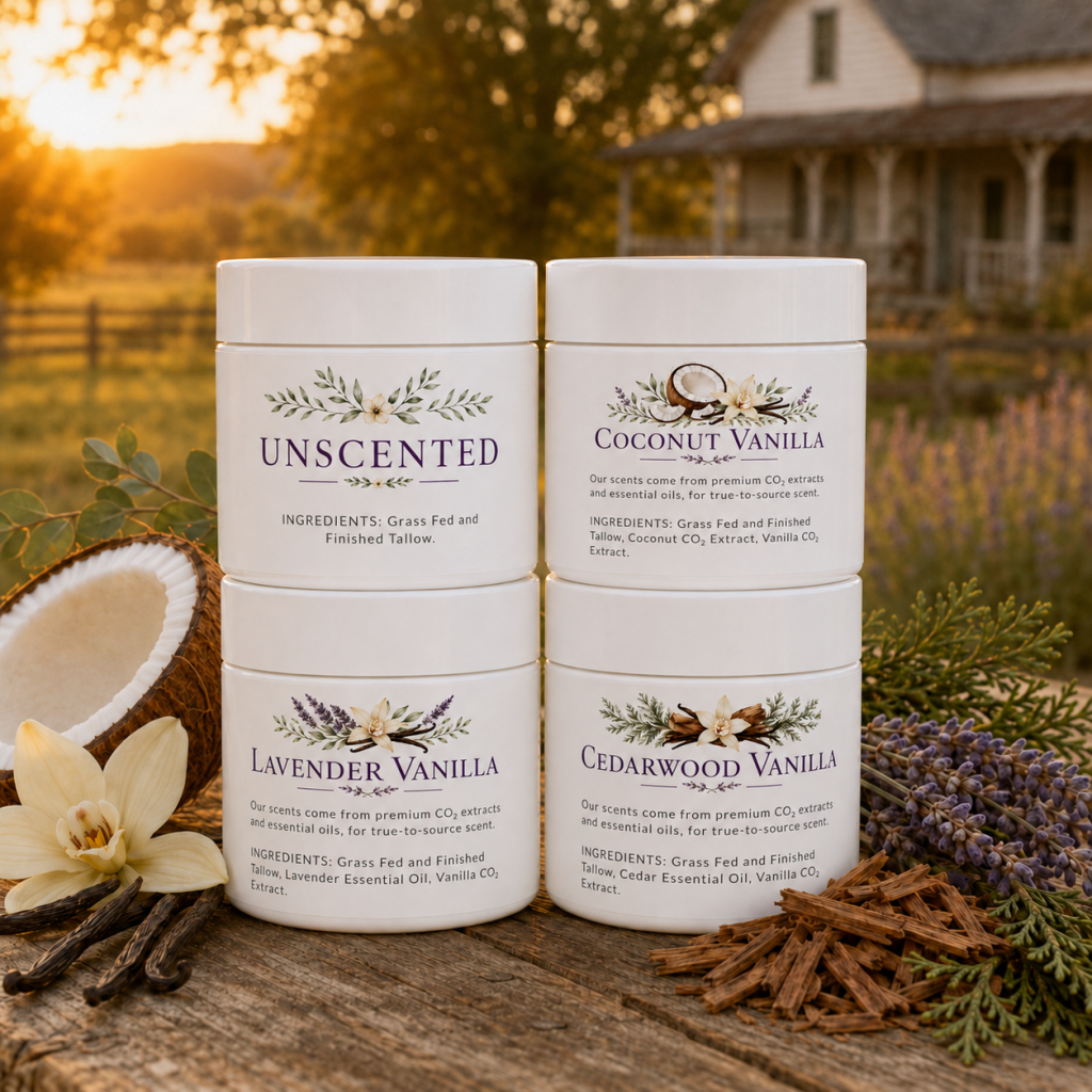 Family Set tallow gift set with Unscented, Coconut Vanilla, Lavender Vanilla, and Cedarwood Vanilla jars.