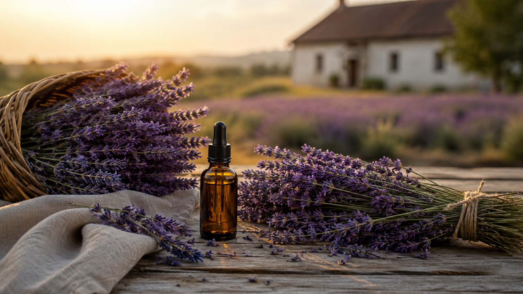 High-altitude French lavender essential oil with lavender bundles on a rustic table.