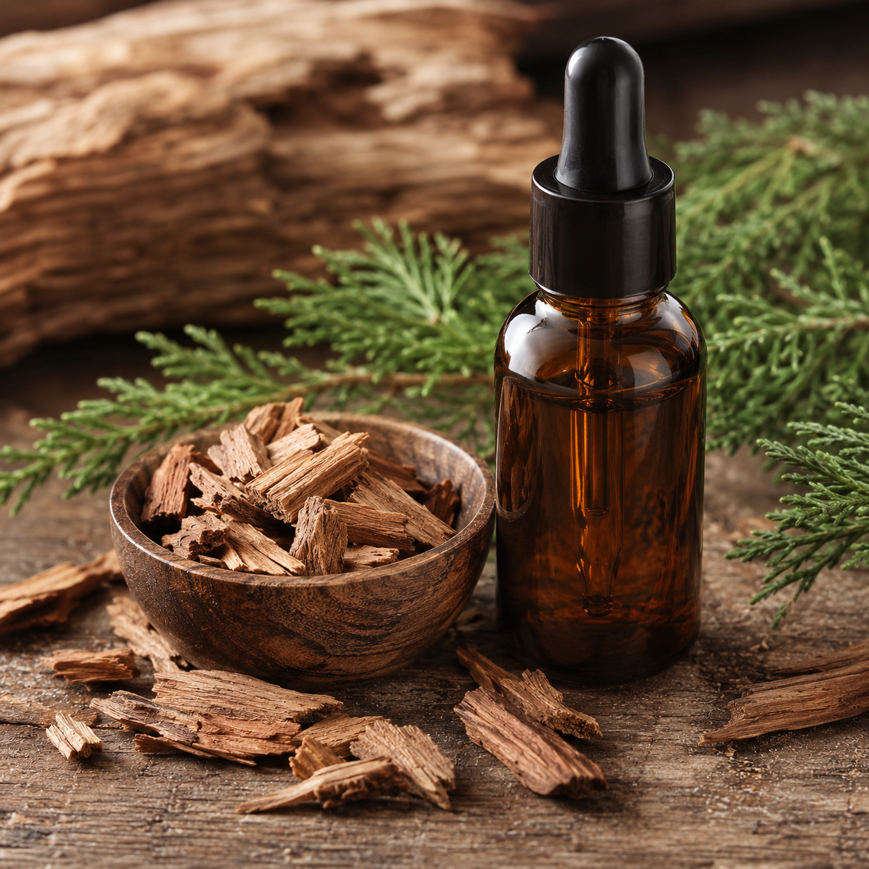 Amber essential oil bottle with cedarwood chips and cedar greenery.