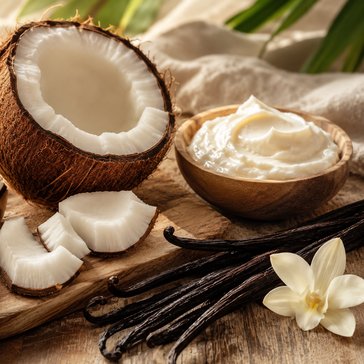 Coconut, vanilla beans, and tallow cream in a wooden bowl.