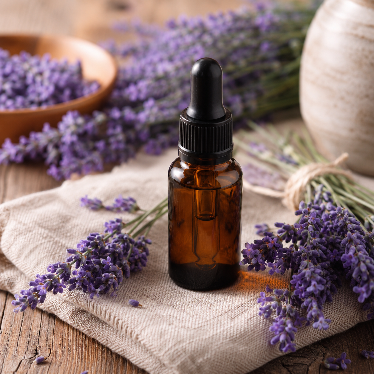 Amber essential oil bottle surrounded by lavender flowers.