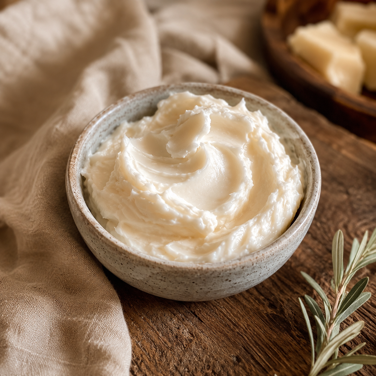 Rendered tallow cream in a ceramic bowl on a rustic table.