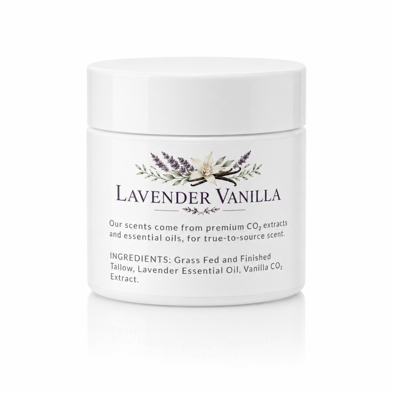 Lavender Vanilla tallow cream jar label and ingredients.