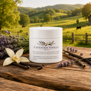 Lavender Vanilla tallow cream jar on a rustic table with lavender and vanilla.