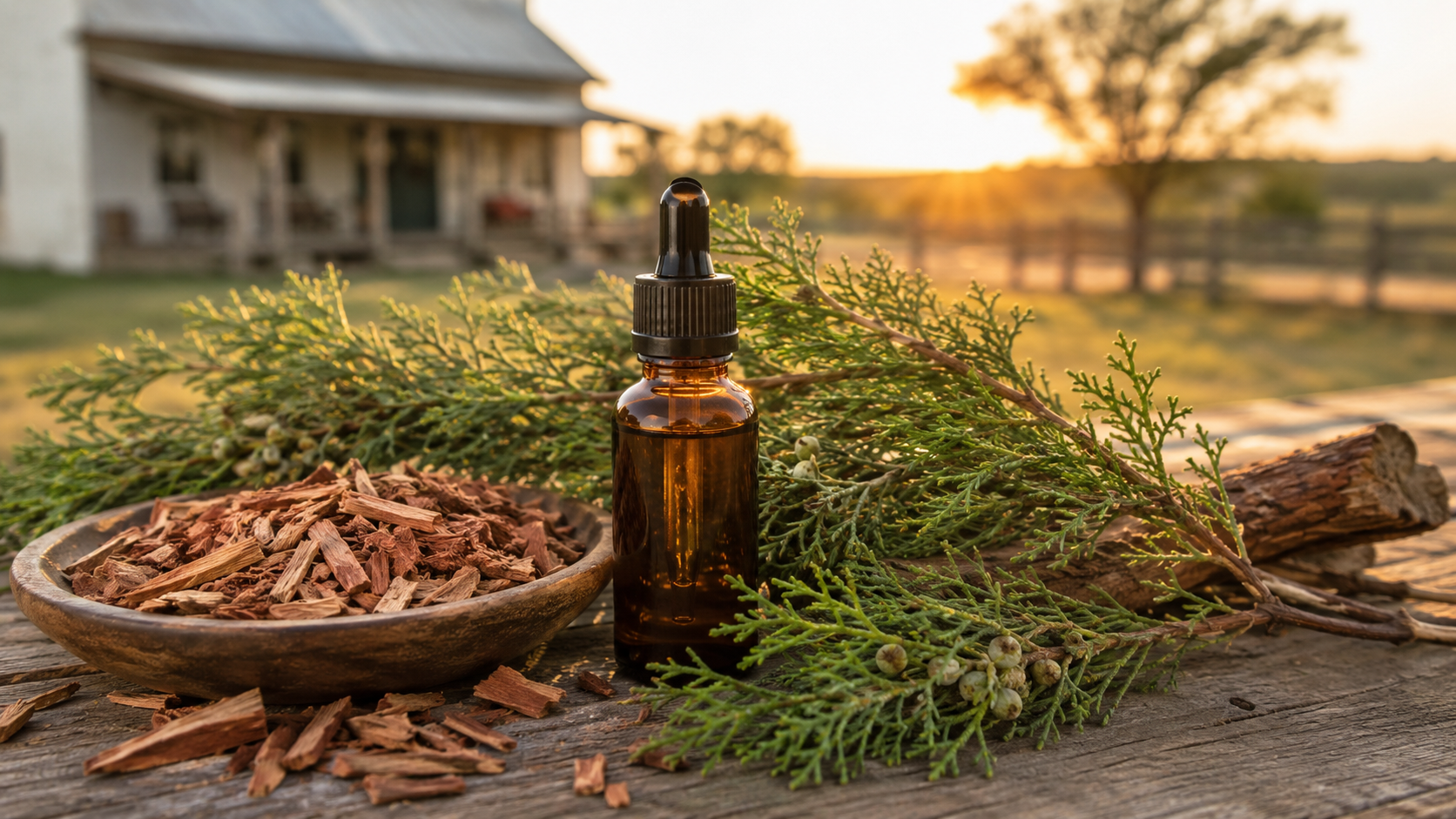 Premium Texas cedarwood essential oil with cedar and juniper on a rustic table.