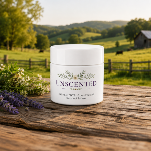 Unscented tallow cream jar on a rustic table in a pasture setting.
