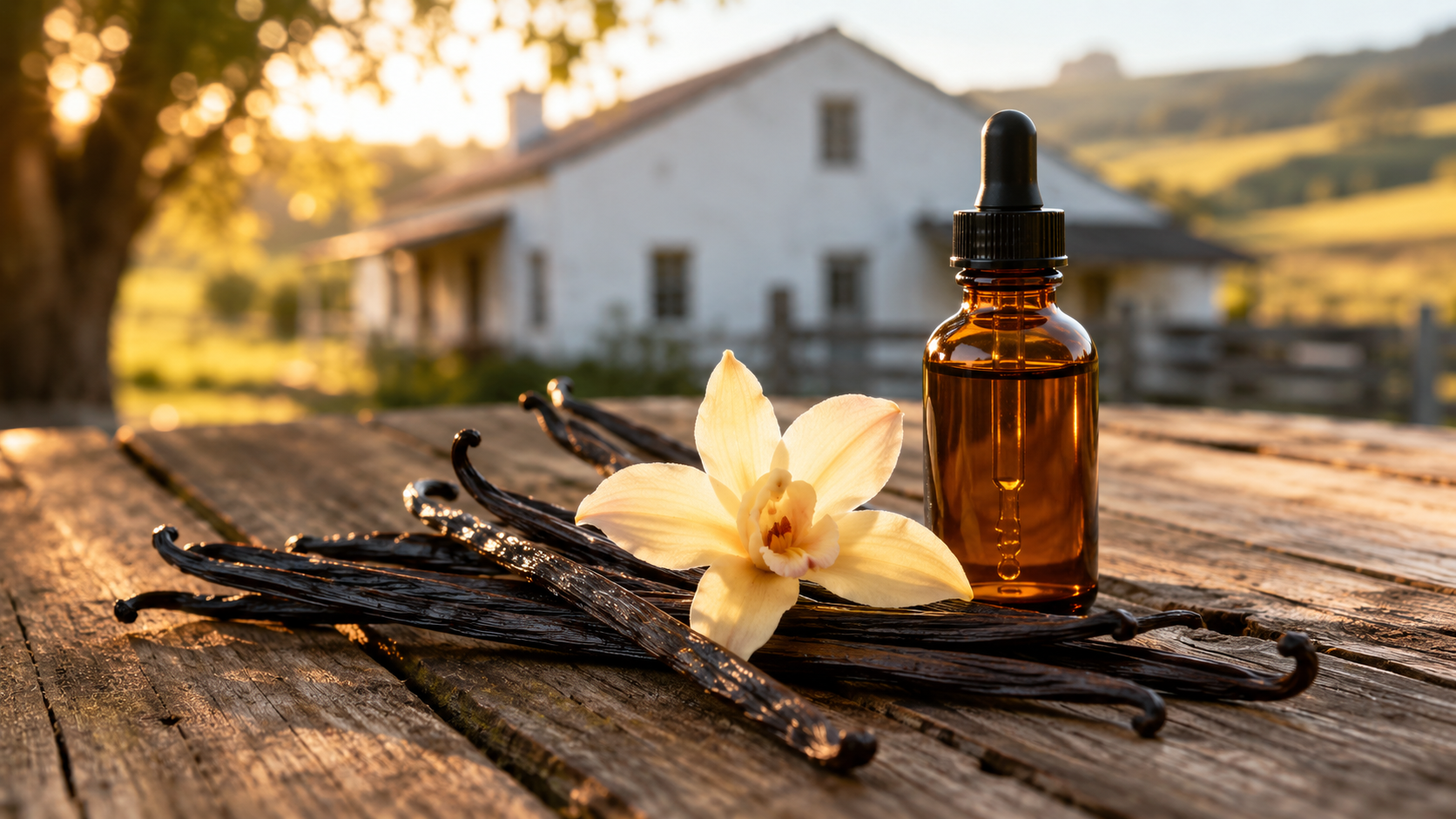 Vanilla CO2 extract with vanilla beans and flower on a rustic table.
