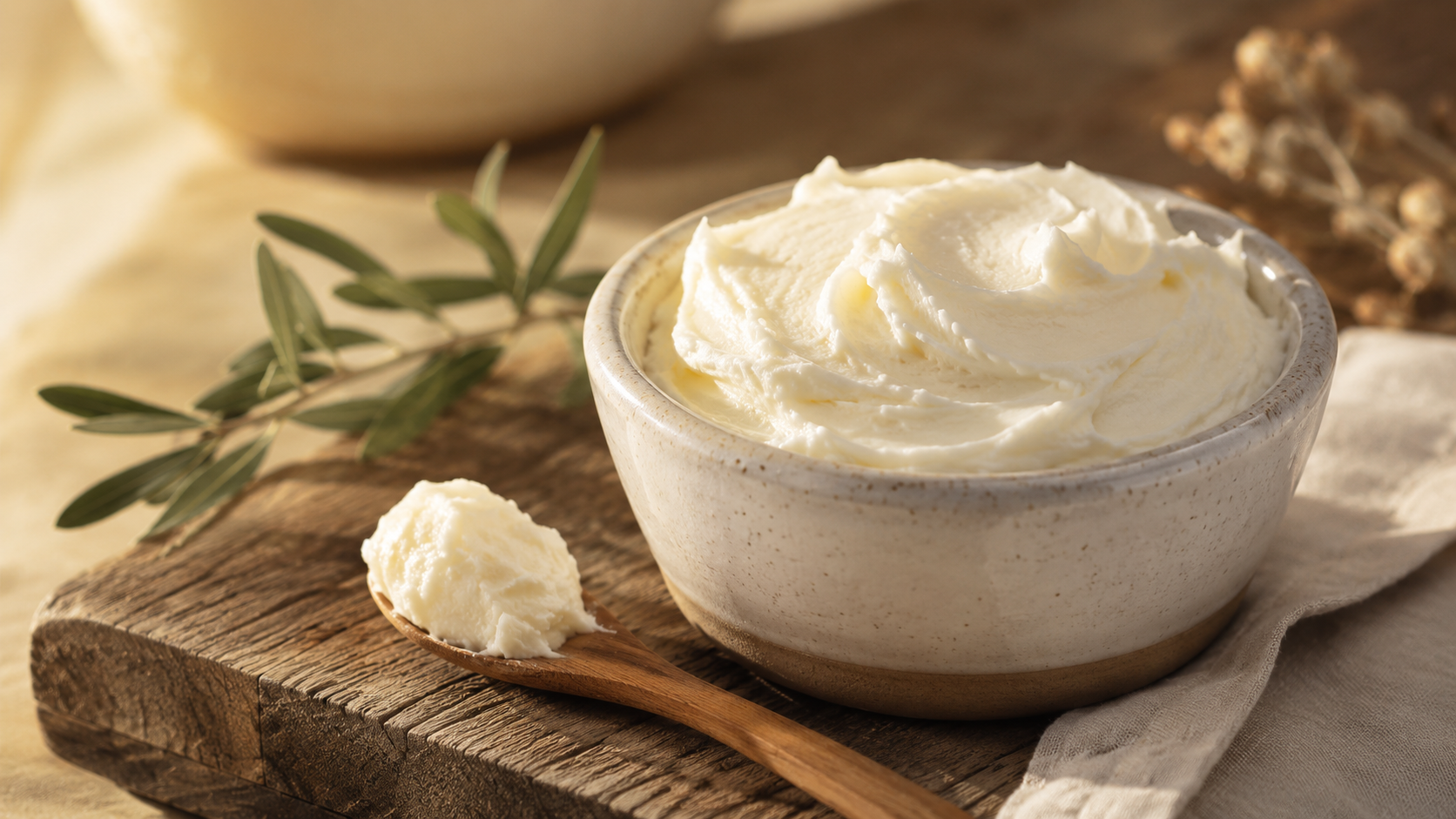 Whipped tallow cream Whipped tallow cream in a ceramic bowl on a rustic wood board.