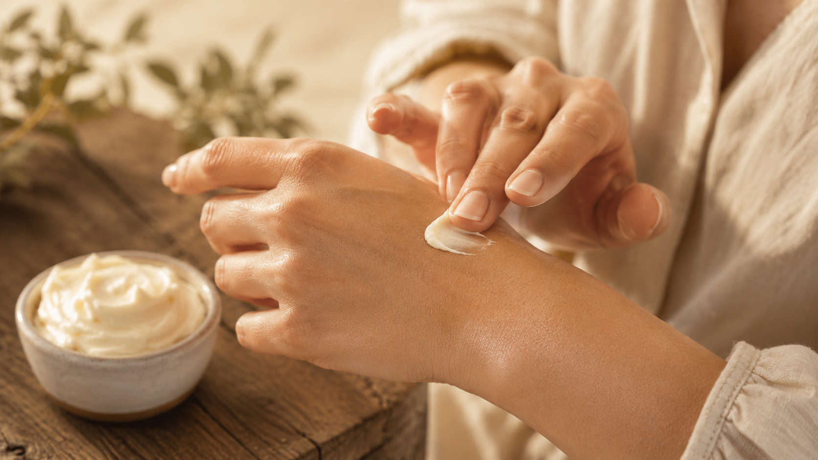 Applying tallow cream to dry hands A person applying tallow cream to dry hands.